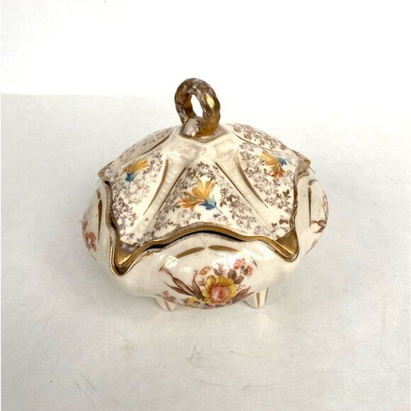 Vintage Porcelain Lidded Dresser Powder Box Candy Dish Footed Floral Gol… - Picture 2 of 10